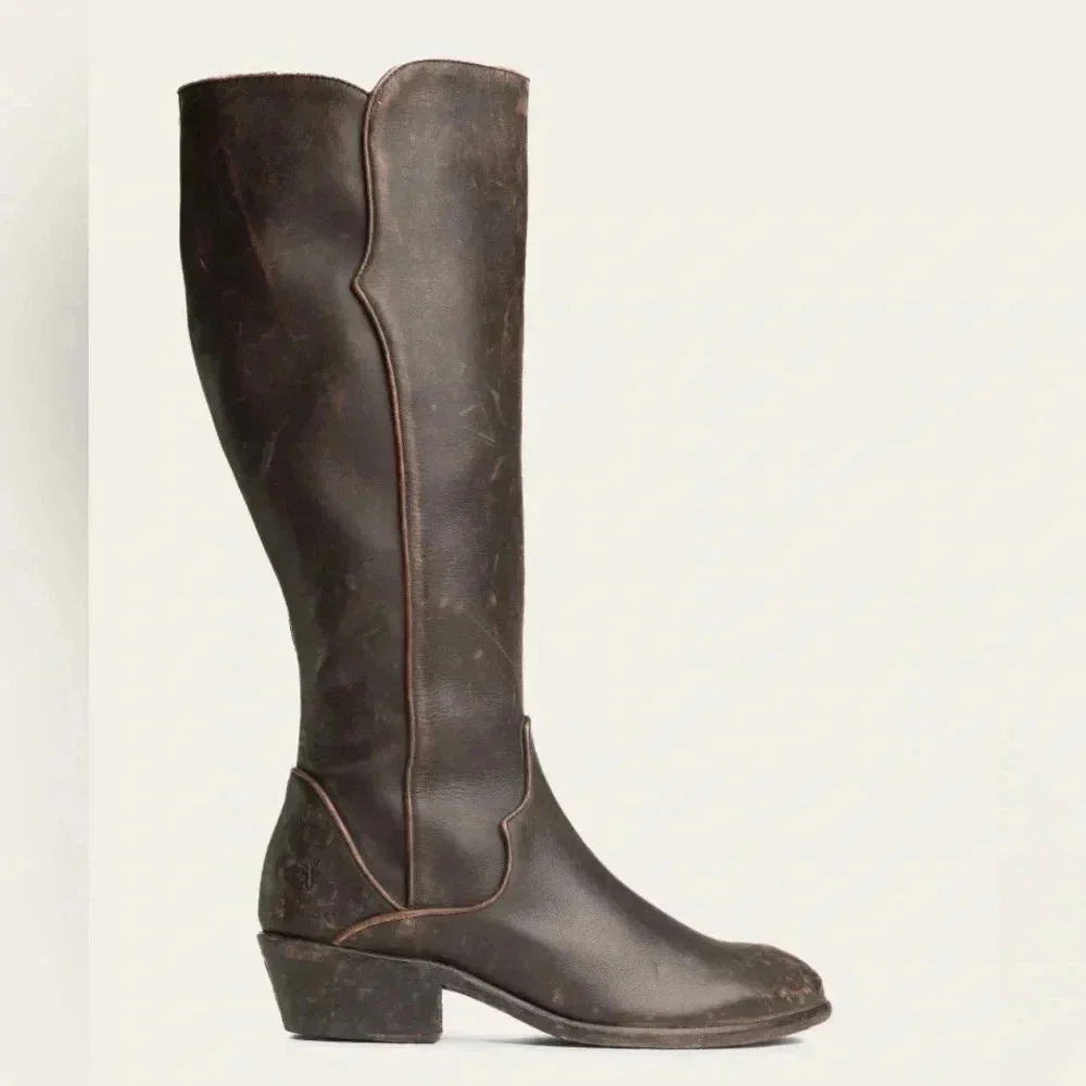$399 Frye Carson Piping Antiqued Black Brown Distressed Leather Tall Riding Boot